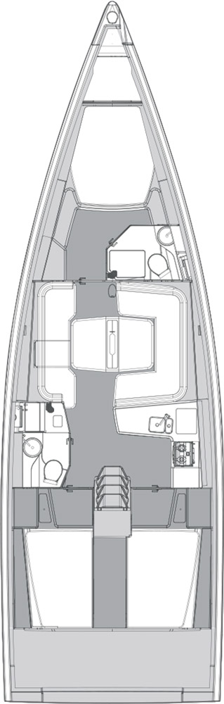 Elan E6 Performance Cruiser yacht schematic layout with three cabins and two heads