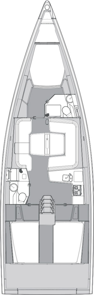 Elan E6 Layout 1 Elan E6 Performance Cruiser yacht schematic layout with three cabins and two heads